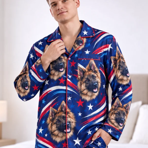 Close-up of the 4th of July pajamas print: German shepherd faces on navy stars and stripes satin — MyDogPics