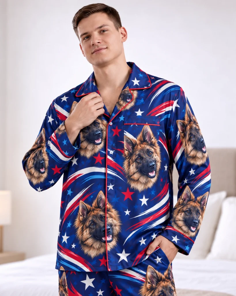 Close-up of the 4th of July pajamas print: German shepherd faces on navy stars and stripes satin — MyDogPics
