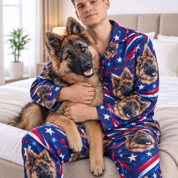 Man in 4th of July pajamas cuddling his German shepherd — MyDogPics
