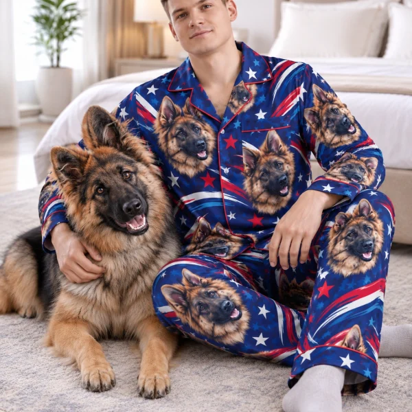 Man in 4th of July pajamas cuddling his German shepherd — MyDogPics