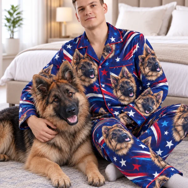 Man in 4th of July pajamas cuddling his German shepherd — MyDogPics