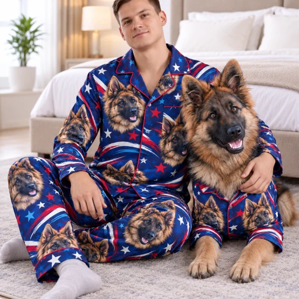 Man in 4th of July pajamas cuddling his German shepherd — MyDogPics