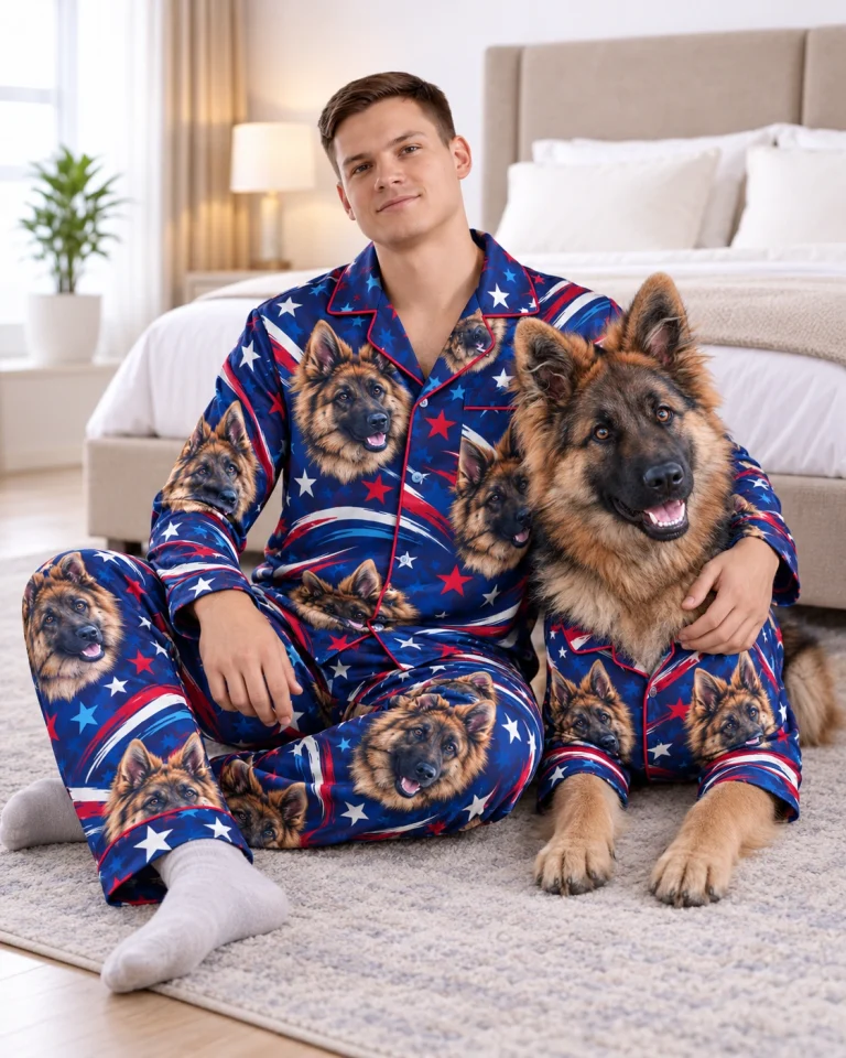 Man in a men's satin pajama set cuddling his German shepherd on the couch — MyDogPics