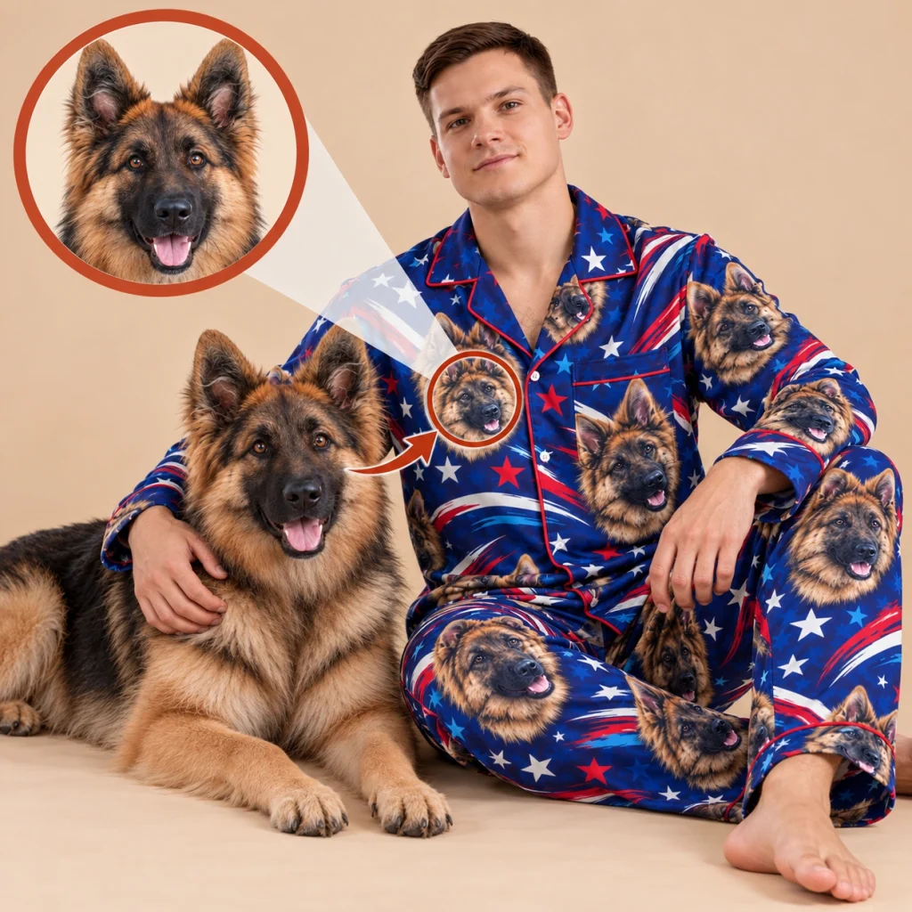 4th of July pajamas example: a German shepherd photo turned into the all-over face print — MyDogPics