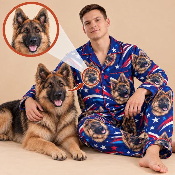 4th of July pajamas example: a German shepherd photo turned into the all-over face print — MyDogPics
