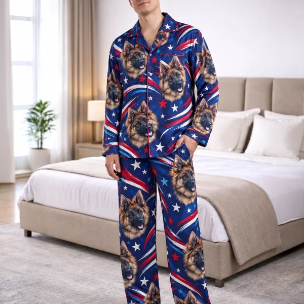 Man wearing 4th of July pajamas covered in German shepherd faces on navy stars and stripes satin — MyDogPics