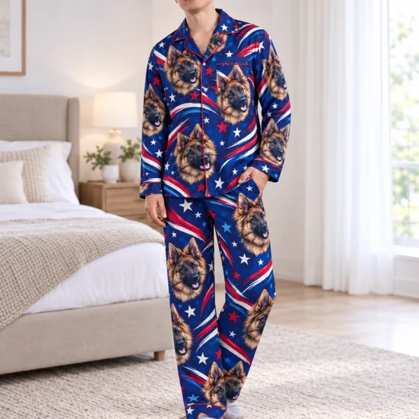 Man posing in 4th of July pajamas, German shepherd faces on navy stars and stripes satin — MyDogPics