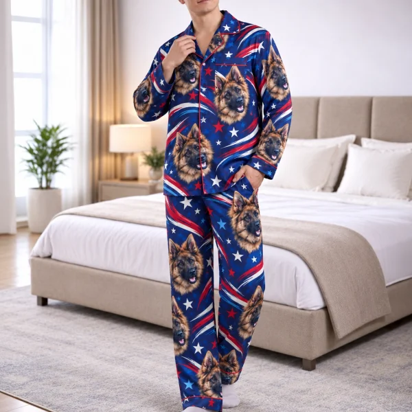 Man posing in 4th of July pajamas, German shepherd faces on navy stars and stripes satin — MyDogPics