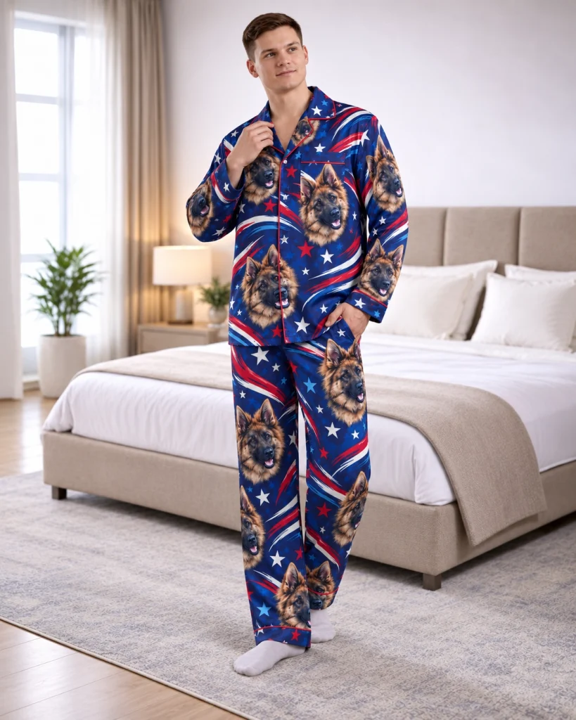 Man posing in 4th of July pajamas, German shepherd faces on navy stars and stripes satin — MyDogPics