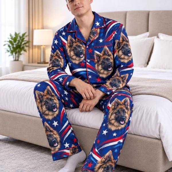 Man sitting in 4th of July pajamas covered in German shepherd faces — MyDogPics