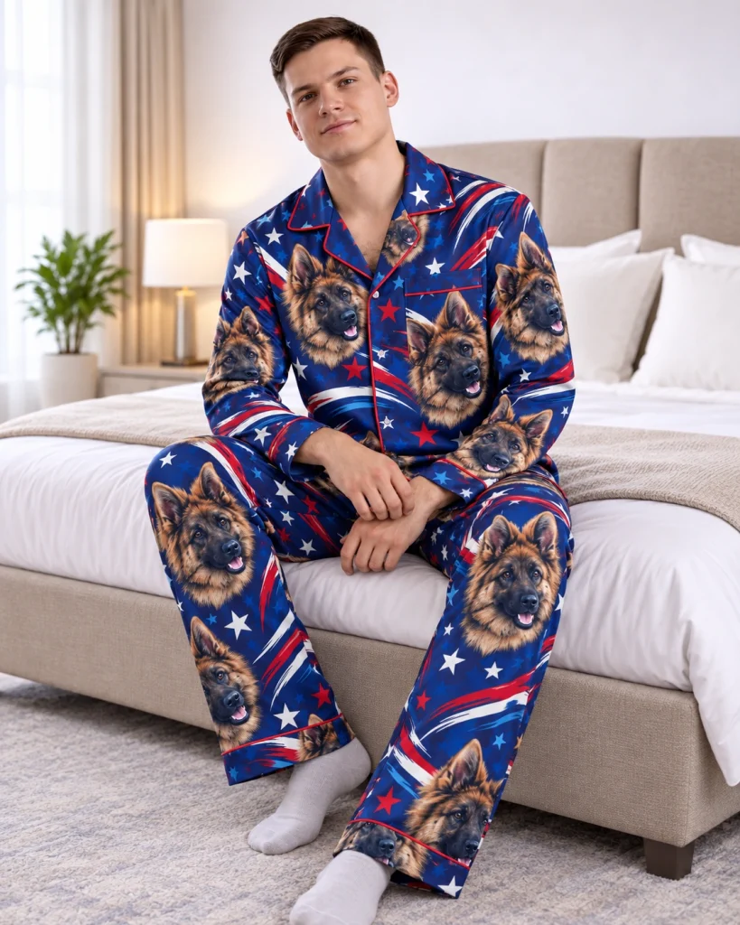 Man sitting in 4th of July pajamas covered in German shepherd faces — MyDogPics