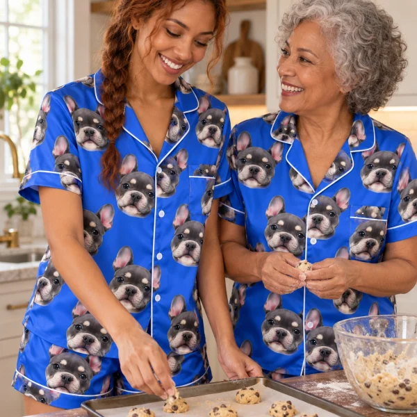 Woman and an older woman in matching bachelorette pajamas with grey French bulldog faces on royal blue satin — MyDogPics