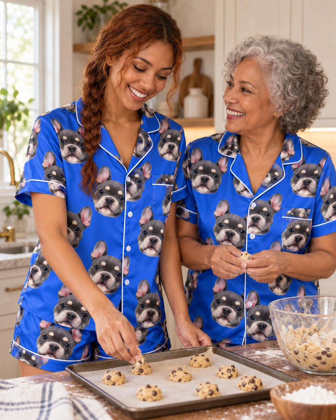 Bachelorette Pajamas – Family, Royal Blue | MyDogPics Woman and an older woman in matching bachelorette pajamas with grey French bulldog faces on royal blue satin — MyDogPics