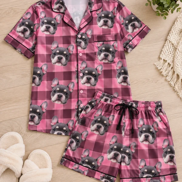Flat lay of bachelorette pajamas: shirt and shorts covered in grey French bulldog faces — MyDogPics