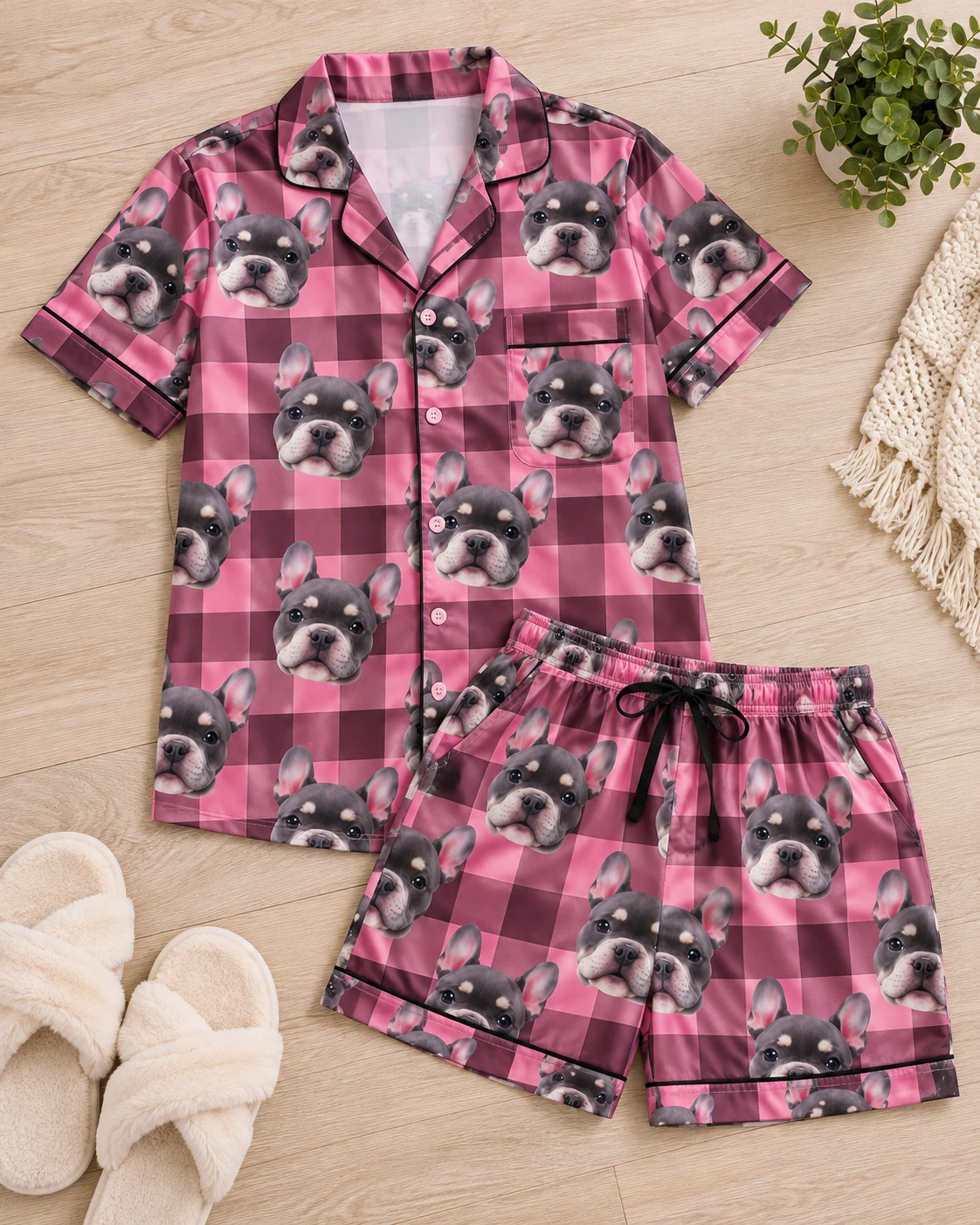 Bachelorette Pajamas – Flat Lay, Pink Plaid | MyDogPics Flat lay of bachelorette pajamas: shirt and shorts covered in grey French bulldog faces — MyDogPics