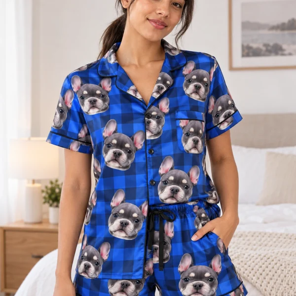 Woman wearing bachelorette pajamas covered in grey French bulldog faces on blue plaid satin — MyDogPics