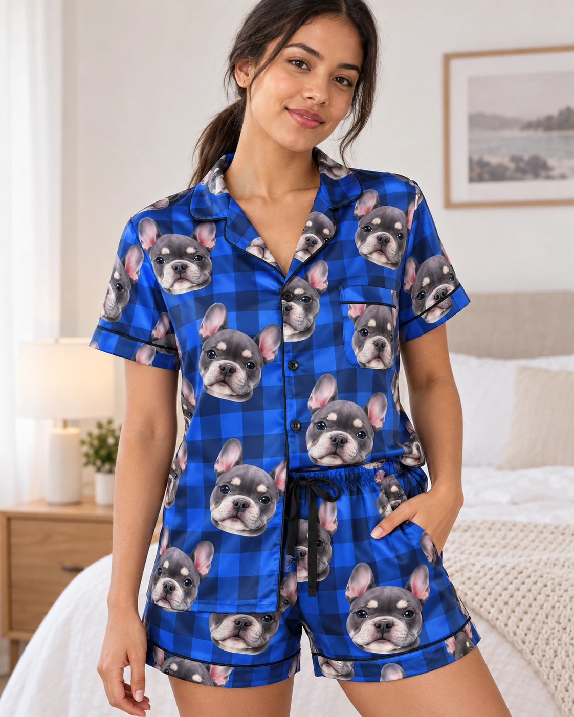 Bachelorette Pajamas – Front View, Blue Plaid | MyDogPics Woman wearing bachelorette pajamas covered in grey French bulldog faces on blue plaid satin — MyDogPics