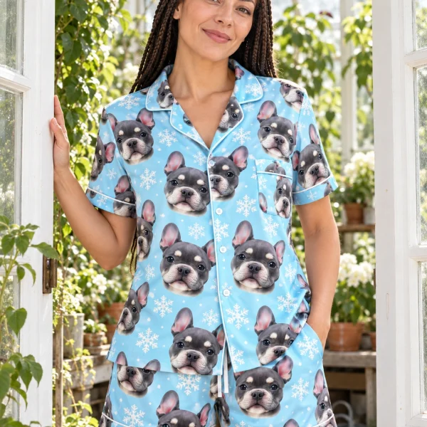 Woman wearing bachelorette pajamas covered in grey French bulldog faces on blue snowflake satin — MyDogPics