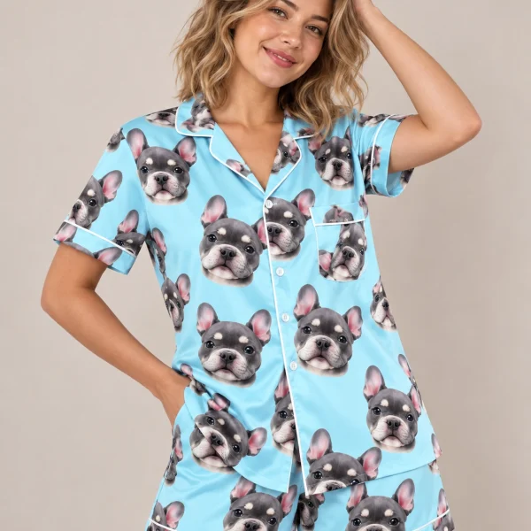 Woman wearing bachelorette pajamas covered in grey French bulldog faces on light blue satin — MyDogPics