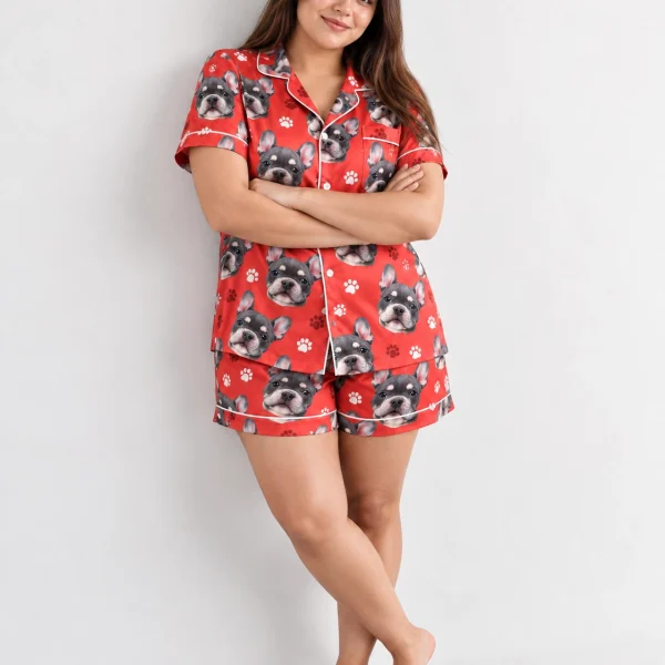 Woman wearing bachelorette pajamas covered in grey French bulldog faces on red paw-print satin — MyDogPics