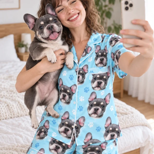 Woman in bachelorette pajamas holding her French bulldog — MyDogPics