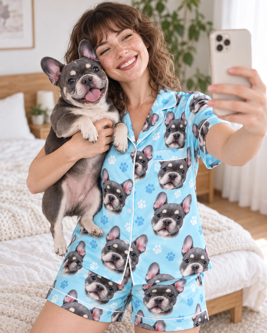 Bachelorette Pajamas – Holding Dog, Light Blue Paw-Print | MyDogPics Woman in bachelorette pajamas holding her French bulldog — MyDogPics