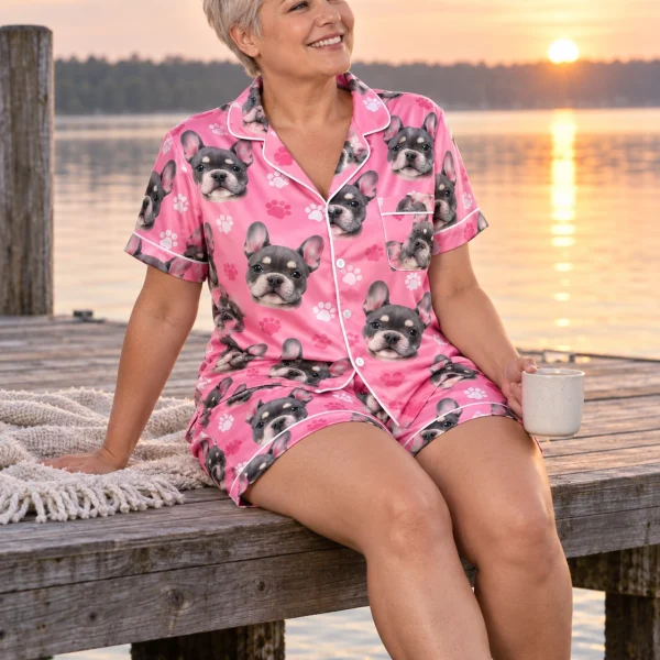 Woman sitting in bachelorette pajamas covered in grey French bulldog faces — MyDogPics
