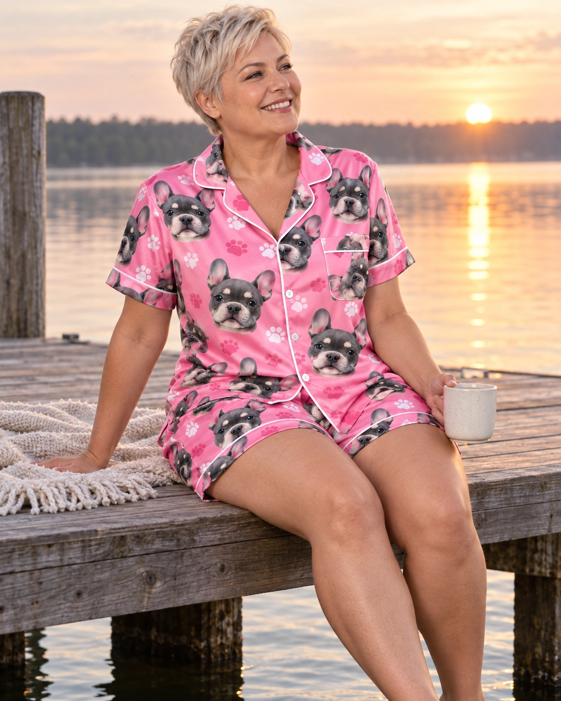 Bachelorette Pajamas – Sitting, Pink Paw-Print | MyDogPics Woman sitting in bachelorette pajamas covered in grey French bulldog faces — MyDogPics