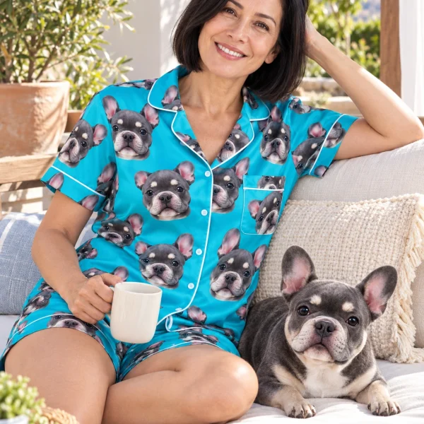 Woman in bachelorette pajamas with her French bulldog — MyDogPics