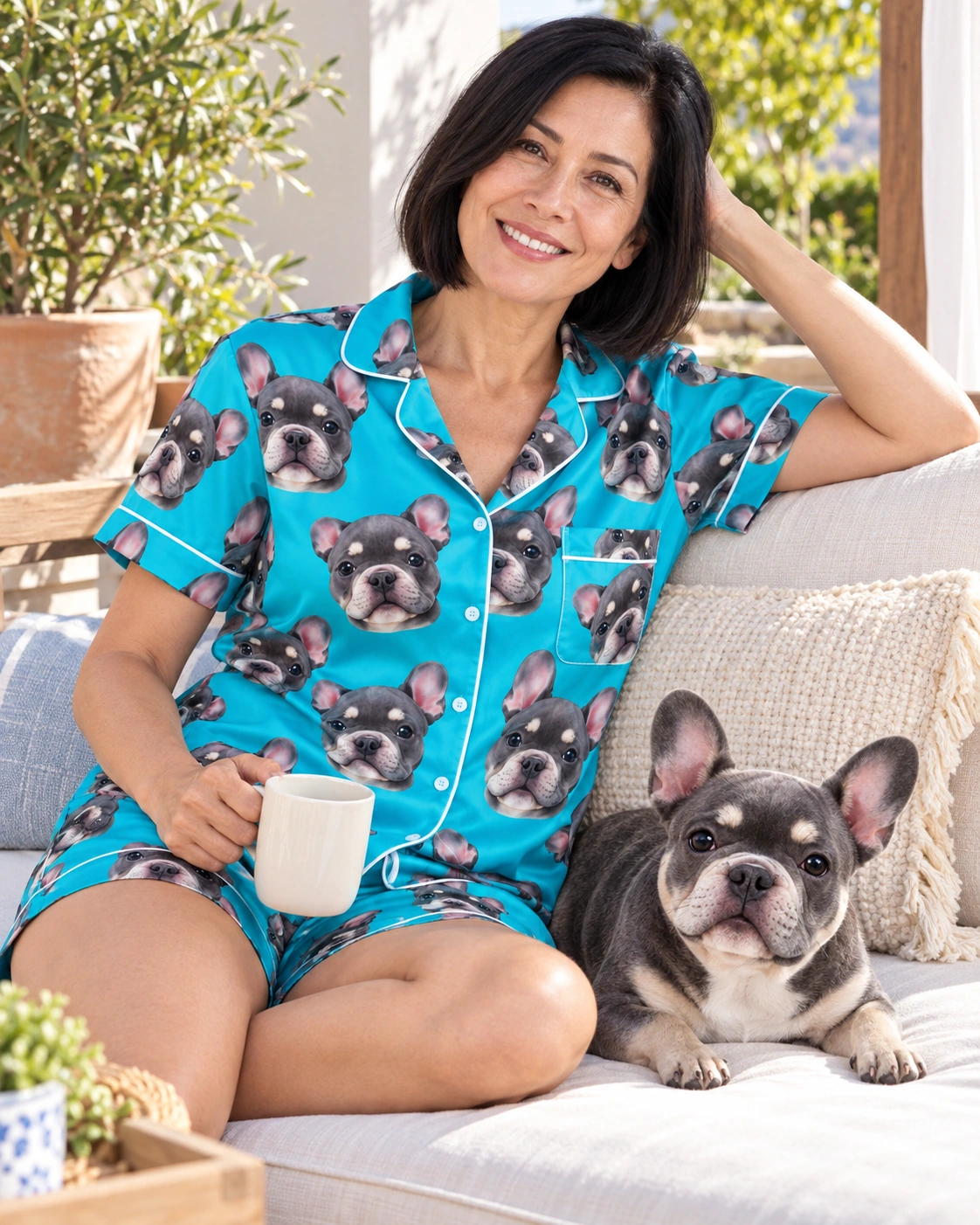 Bachelorette Pajamas – With Dog, Teal | MyDogPics Woman in bachelorette pajamas with her French bulldog — MyDogPics