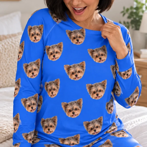 Close-up of the birthday pajamas print: Yorkshire terrier faces on royal blue fabric — MyDogPics