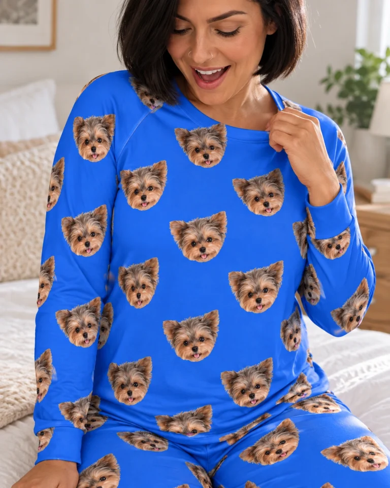 Close-up of the birthday pajamas print: Yorkshire terrier faces on royal blue fabric — MyDogPics