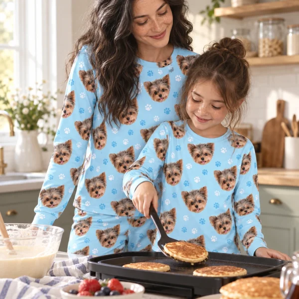 Woman and her family in matching birthday pajamas with Yorkshire terrier faces on light blue paw-print fabric — MyDogPics
