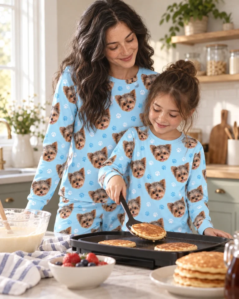 Woman and her family in matching birthday pajamas with Yorkshire terrier faces on light blue paw-print fabric — MyDogPics