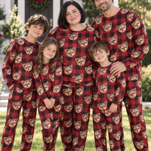 Woman and her family in matching birthday pajamas with Yorkshire terrier faces on red plaid fabric — MyDogPics