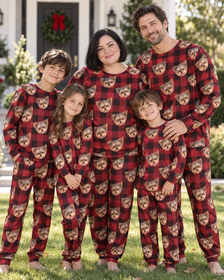 Woman and her family in matching birthday pajamas with Yorkshire terrier faces on red plaid fabric — MyDogPics