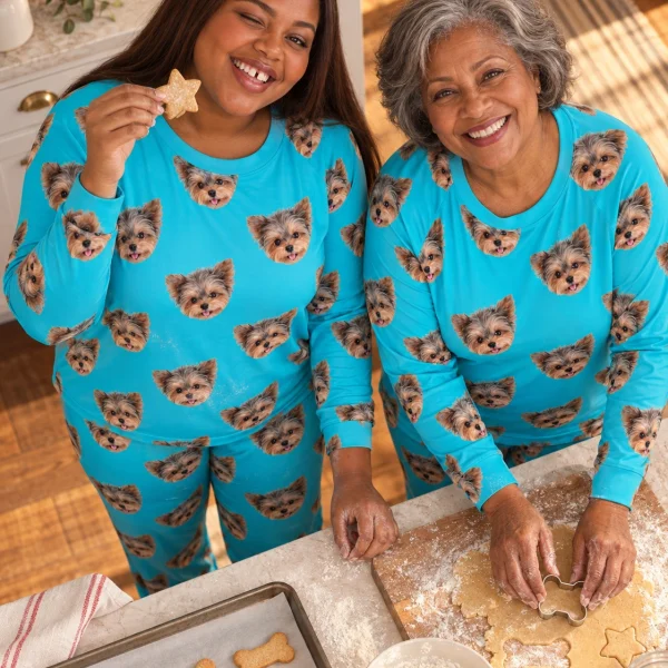 Woman and her mother in matching birthday pajamas with Yorkshire terrier faces on teal fabric — MyDogPics