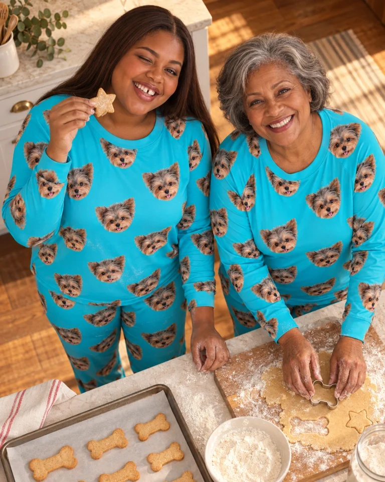 Woman and her mother in matching birthday pajamas with Yorkshire terrier faces on teal fabric — MyDogPics
