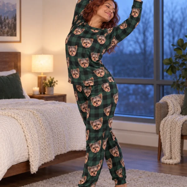 Side view of birthday pajamas with Yorkshire terrier faces on green plaid fabric — MyDogPics