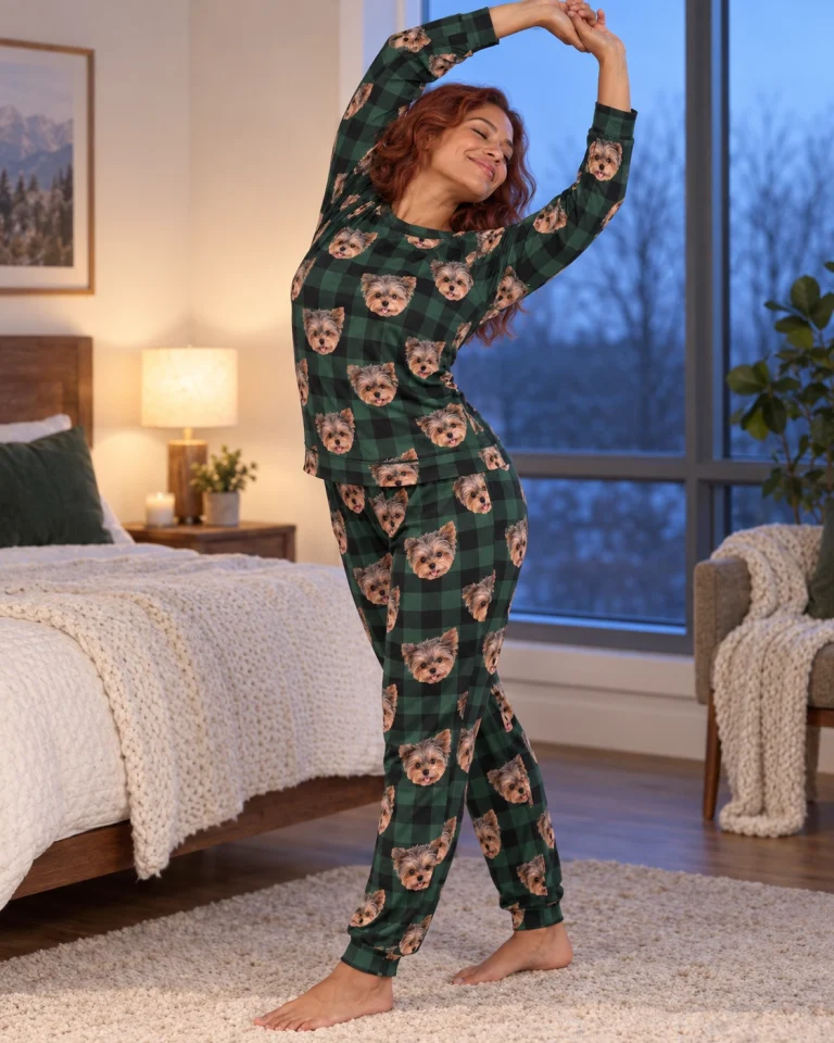 Side view of birthday pajamas with Yorkshire terrier faces on green plaid fabric — MyDogPics