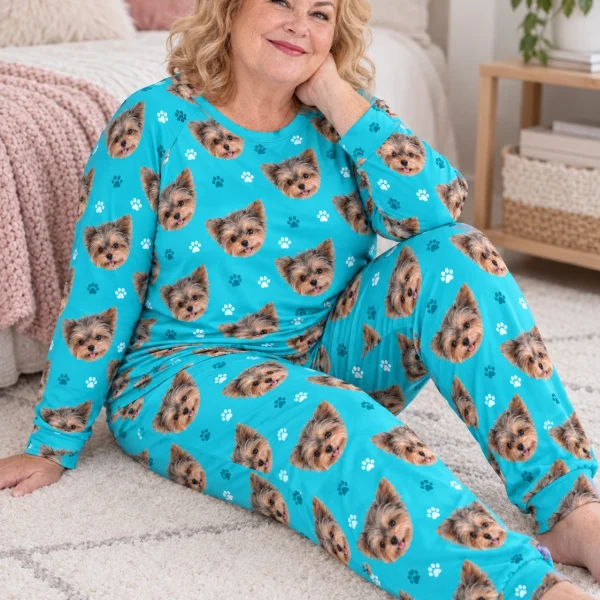 Side view of birthday pajamas with Yorkshire terrier faces on teal paw-print fabric — MyDogPics