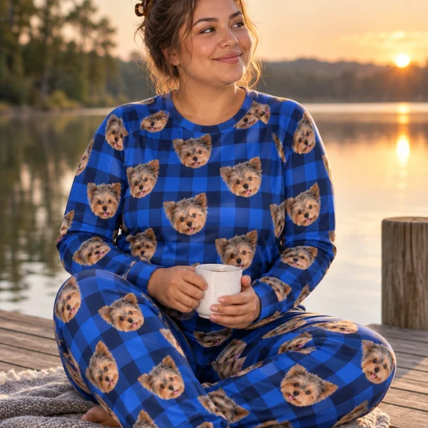 Woman sitting in birthday pajamas covered in Yorkshire terrier faces — MyDogPics