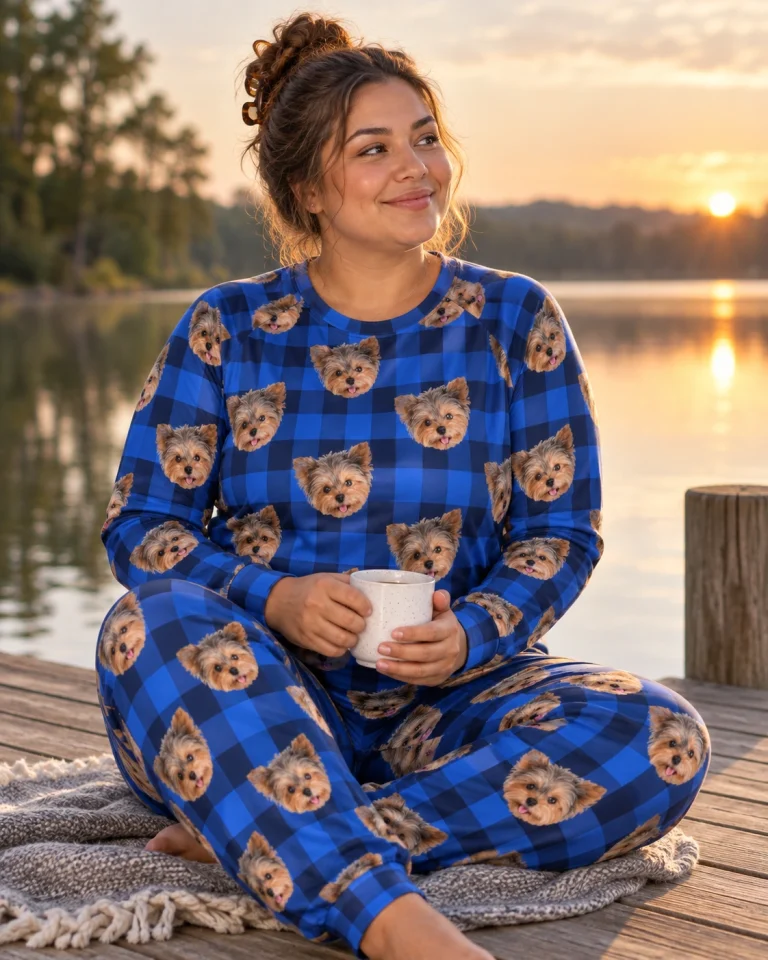 Woman sitting in birthday pajamas covered in Yorkshire terrier faces — MyDogPics