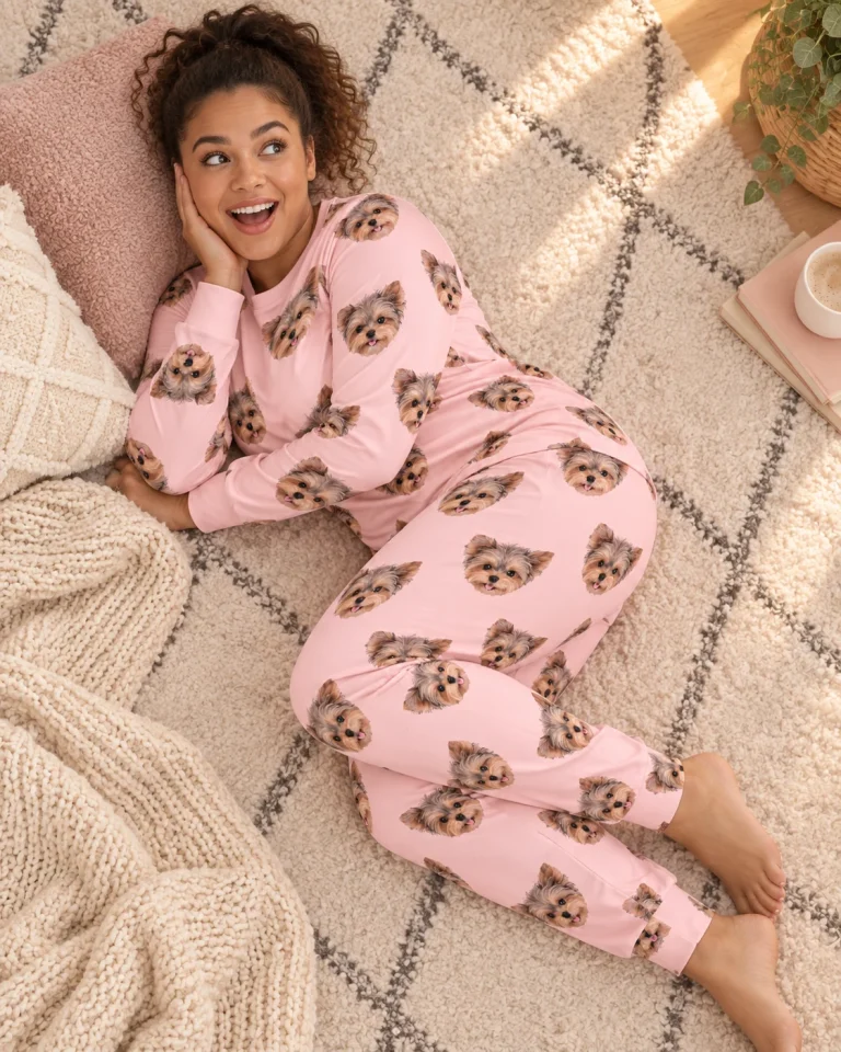 Woman sitting in birthday pajamas covered in Yorkshire terrier faces — MyDogPics