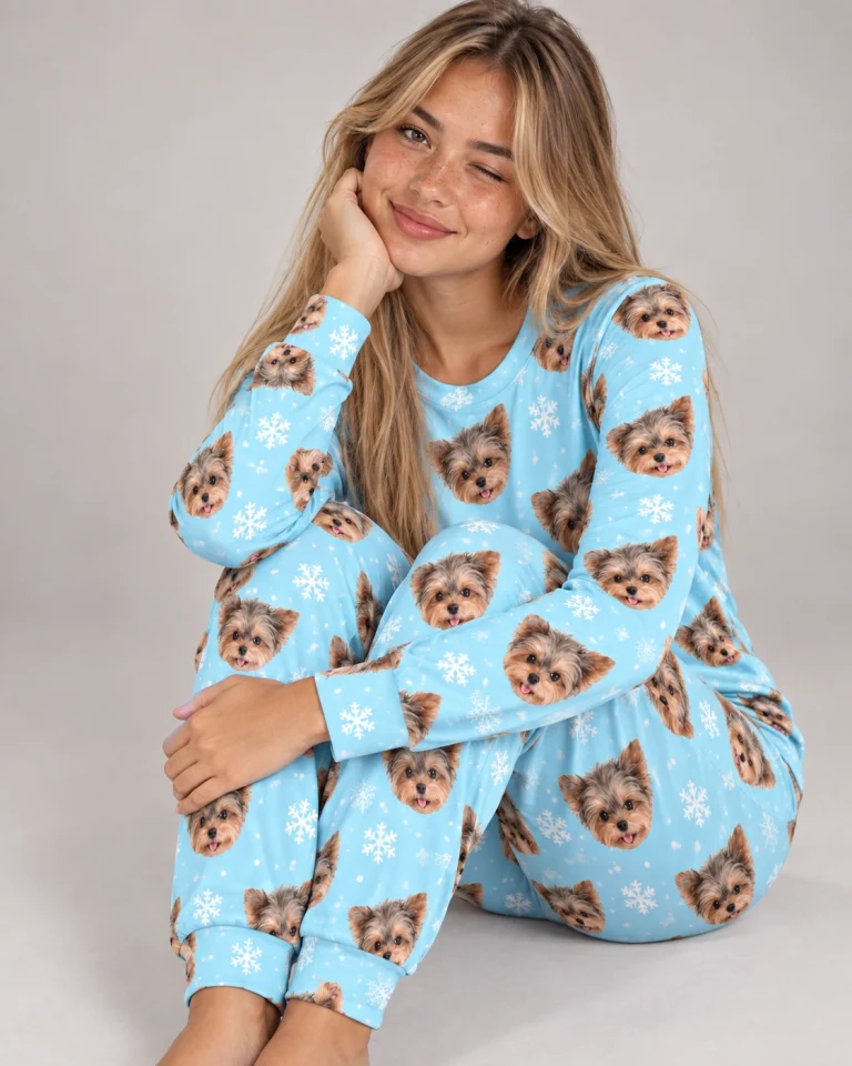 Woman sitting in birthday pajamas covered in Yorkshire terrier faces — MyDogPics