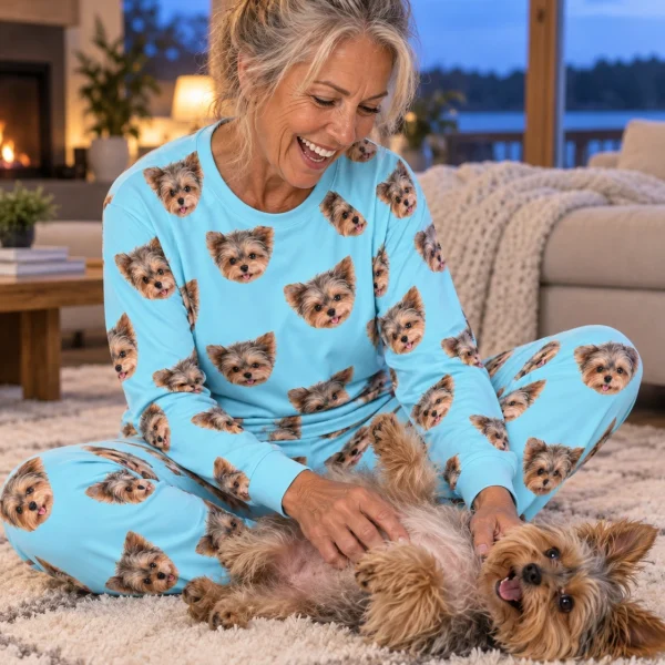 Woman in birthday pajamas with her Yorkshire terrier — MyDogPics
