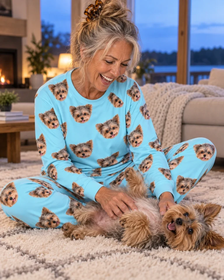 Woman in birthday pajamas with her Yorkshire terrier — MyDogPics