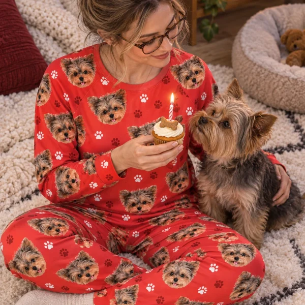Woman in birthday pajamas with her Yorkshire terrier — MyDogPics