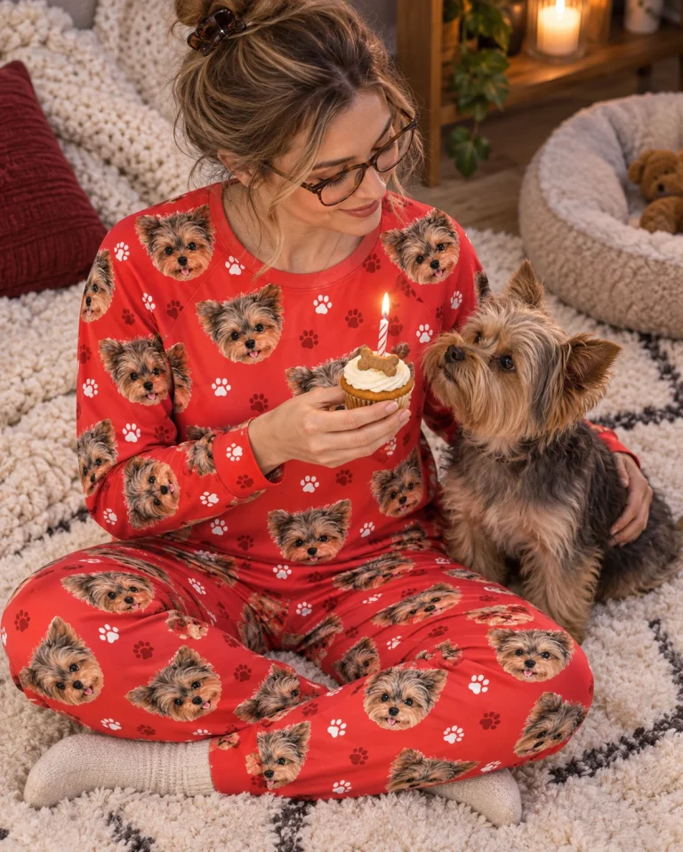 Woman in birthday pajamas with her Yorkshire terrier — MyDogPics