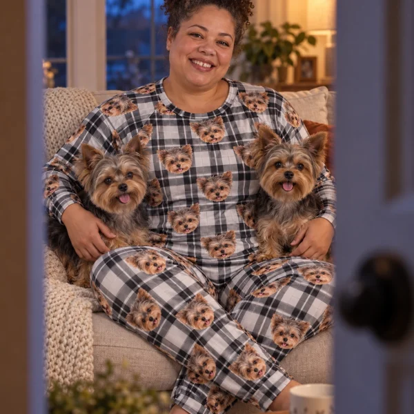 Woman in birthday pajamas with her Yorkshire terrier — MyDogPics